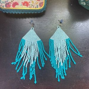 Blue beaded large 5” drop earrings